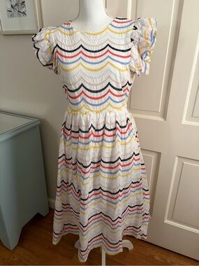 Just Me 100% Cotton White Eyelet Midi Dress with Multicolor Scallop Stripes